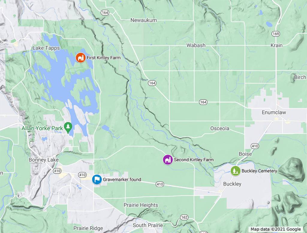 This map, made using Google My Maps, shows a few locations relevant to the life of Daisey Kirtley, with information and locations provided by the Foothills and Greater Bonney Lake Historical Society. To view it live, visit: https://www.google.com/maps/d/u/0/edit?mid=1a_xUthRLWOoTbT162WzBJmTN9M2zIoDs&usp=sharing