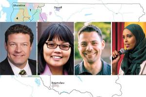 King County Councilmember Reagan Dunn and his challengers, Kim-Khanh Van, Chris Franco, and Ubax Gardheere. Courtesy photos