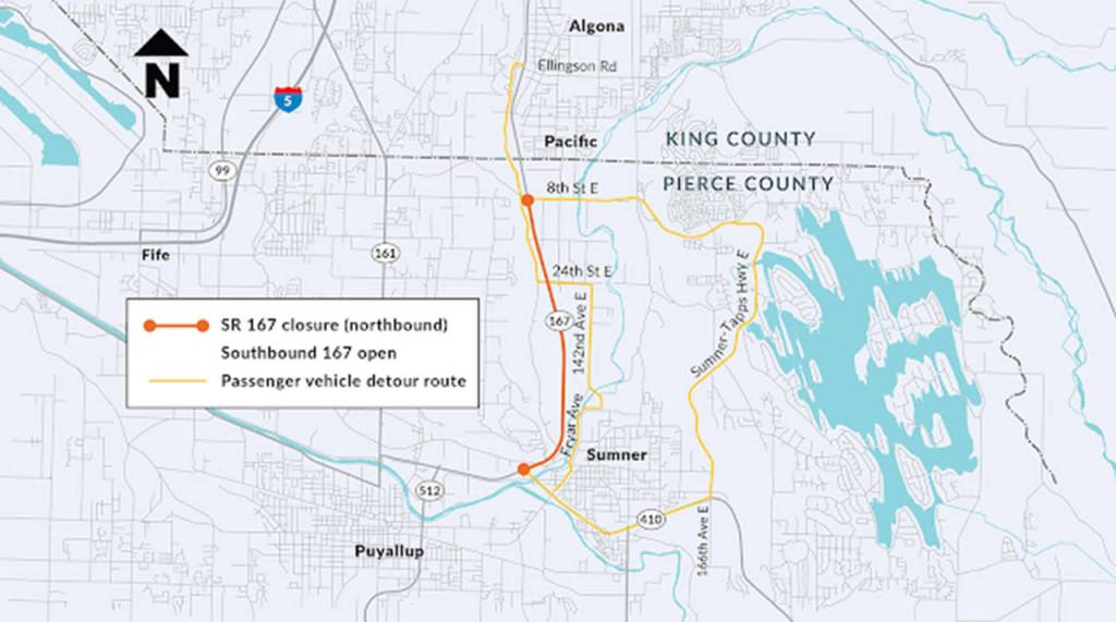 A map of the passenger vehicle detour route during the weekend closure of SR 167, created by the Washington State Department of Transportation.