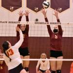 Kira HaWaaboo and Bella Firnkoess provide defense at the net. Photo by Kevin Hanson.