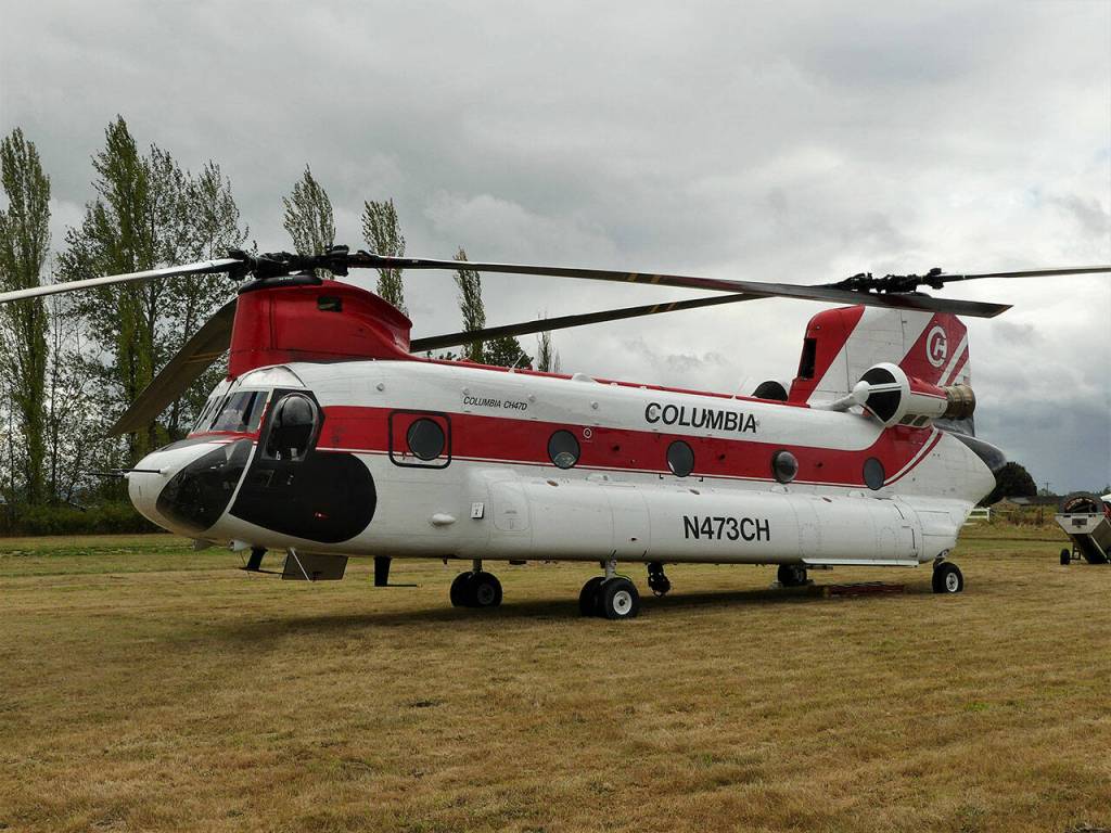 The Boeing CH-47 Chinook helicopter that lifted the fire lookout tower to the top of Mount Peak. Photo by Anne Cosgrove