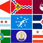 Flags for the cities of Wichita, Kansas; St. Louis, Missouri; Phoenix, Arizona; Chicago, Illinois; Corpus Christi, Texas; Indianapolis, Indiana; Jackson, Florida; Louisville, Kentucky; and Washington, D.C.