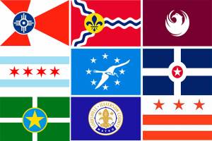 Flags for the cities of Wichita, Kansas; St. Louis, Missouri; Phoenix, Arizona; Chicago, Illinois; Corpus Christi, Texas; Indianapolis, Indiana; Jackson, Florida; Louisville, Kentucky; and Washington, D.C.