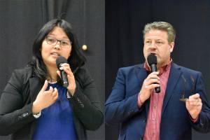 King County Council 9 candidates Kim-Khanh Van (left) and incumbent Reagan Dunn speak during the Courier-Heralds candidate forum. Photo by Alex Bruell