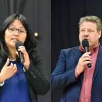King County Council 9 candidates Kim-Khanh Van (left) and incumbent Reagan Dunn speak during the Courier-Heralds candidate forum. Photo by Alex Bruell