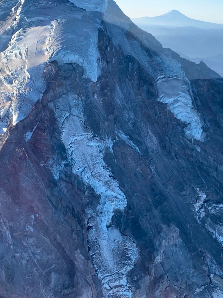 This image, captured by Dan Petchnick during a flight around Mount Rainier, shows the state of the famous Elk Head on September 16.
