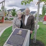 Keith Watson and his wife Judy at the newly-renamed Keith Watson Park, located at the intersection of SE Cottonwood Street and Birch Ave SE. The plaque at the park gives a short history of Watsons involvement in Black Diamond. Courtesy photo