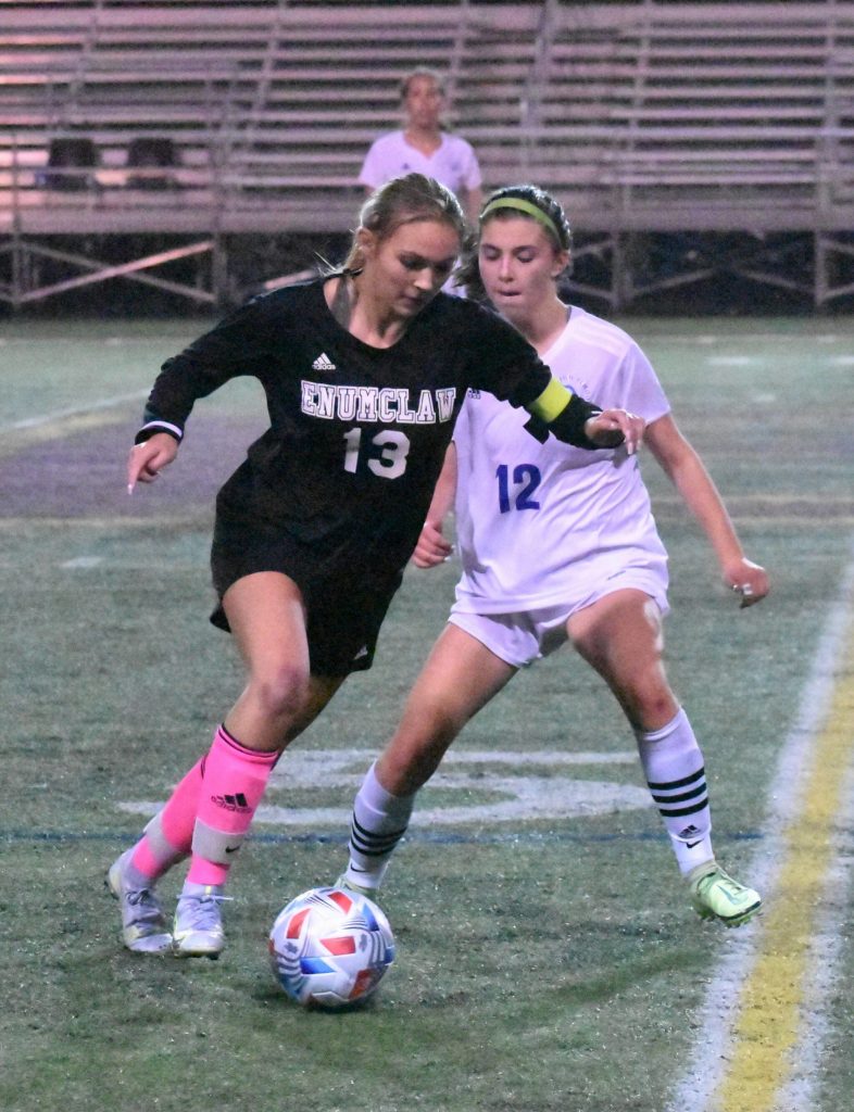 One of the EHS Hornets senior captains, Mia Ammons, maneuvers past Fifes Bella Gonzales during last weeks South Puget Sound League 2A soccer game. Photo by Kevin Hanson