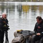 Divers chat before entering Lake Sawyer.