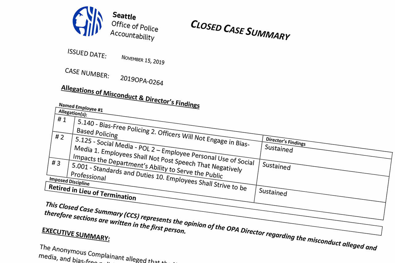 A 2019 Office of Police Accountability report stating that former Seattle Police Officer, and current Buckley City Council member Ron Smith engaged in biased-based policing through the use of his personal social media account.