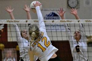 PHOTOS BY KEVIN HANSON A Hornet-Hornet volleyball battle played out Oct. 27 in the White River gymnasium, with the home team emerging on the winning end of a 3-1 score. Here, Enumclaws Kira HaWaaboo (#2) sets up a teammate as Rosie Penke moves into position. Later in the match, White Rivers Abby Barrow and Audrey Berg (6) are tough at the net as Enumclaws Macy Furtwangler goes for a kill.