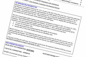 The Eumclaw City Council's agenda bill introducing Ordinance 2719, implementing a multi-family tax exemption program for multi-family developments inside city limits.