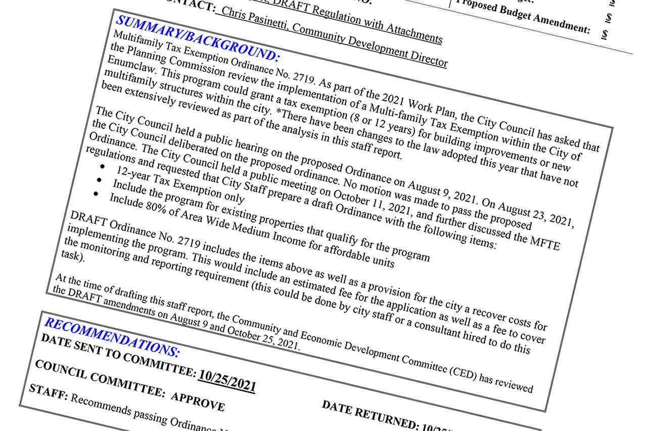 The Eumclaw City Councils agenda bill introducing Ordinance 2719, implementing a multi-family tax exemption program for multi-family developments inside city limits.