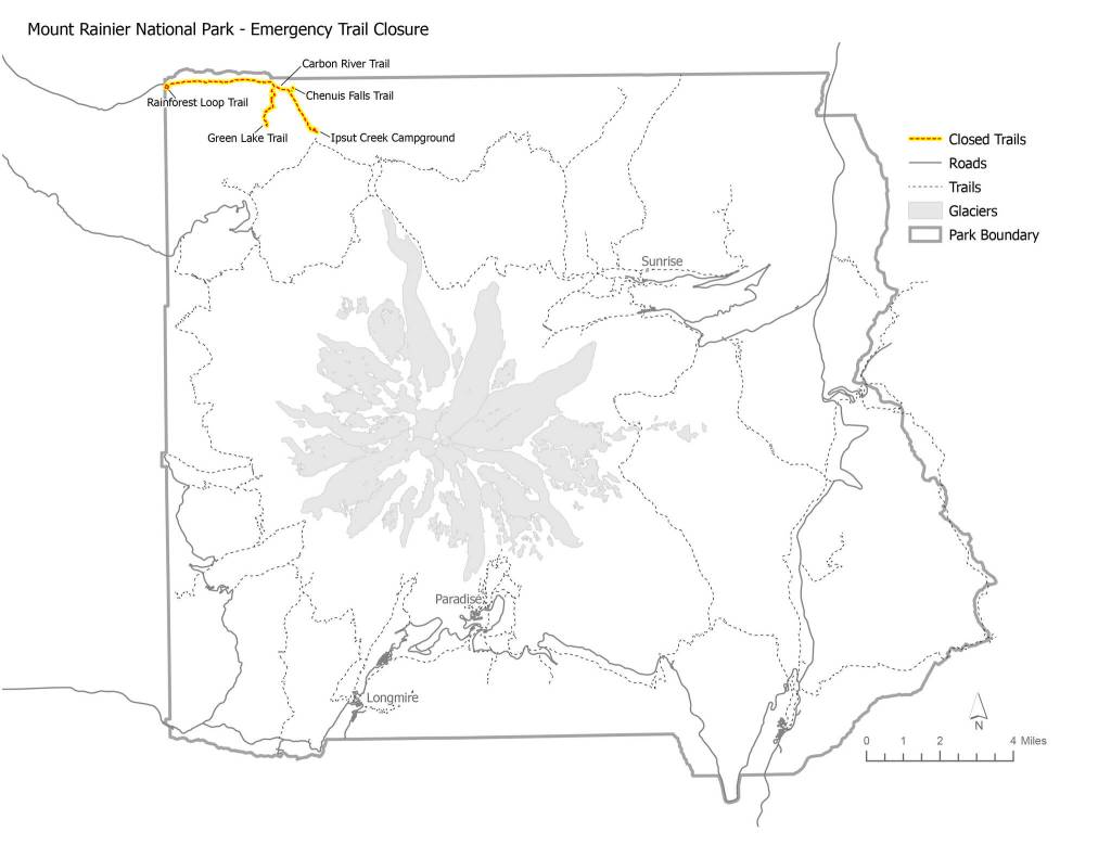 This map, provided by the National Park Service, details the emergency Carbon River Area closures.