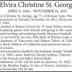 Elvira Christine St. George died Nov. 16, 2021 at the age of 77.