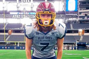 White River School District student athlete Payne Plaster getting ready for the annual Blue-Grey All-American Bowl. Photo by Sean Ceglinsky, Blue-Grey Football Operations