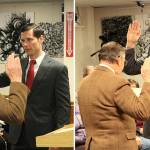Chris Gruner, right, and Bobby Martinez, left, taking their oath of office during the Jan. 10 meeting. Photos by Ray Miller-Still