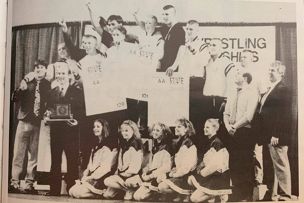 Then-Buckley High Schoos 1995 wrestling team earned its first state title in 1995, thanks to Scott Tugb, Chris Hahto, Jason Parlari, John Fields, B.J. Haugen, Corey Cooksey, Pat Ming, and Jerome Dickson. Contributed photo