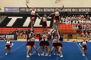 EHS cheer nailed their tumble routine during state, scoring 88.5 points and earning first place. Photo courtesy Tanja Bill