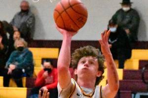 White River High senior Dane Goudy exploded for 44 points during a Feb. 8 game at Steilacoom, helping his Hornets remain undefeated in South Puget Sound League 2A play. According to White River coach Zach Johnson, Goudy's offensive outburst now tops the Hornet boys' basketball record book for single-game scoring. Photo by Kevin Hanson