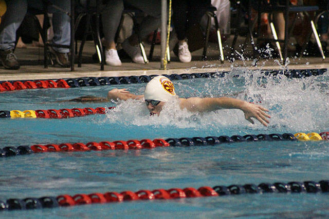 EHS Tanner Harms placed sixth in the 100-yard butterfly with a time of 55.73 seconds. Photo by Ray Miller-Still