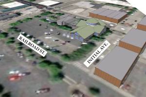 The proposed Enumclaw downtown pavilion is currently planned for the corner of Cole Street and Initial Avenue, where the Foal statue and large evergreen tree currently reside. Image courtesy Jeff Dahlquist and Richard Flake/editing by Ray Miller-Still