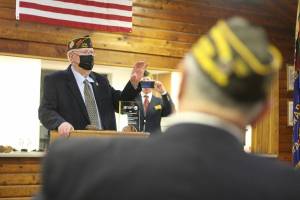 Photo by Ray Miller-Still 
George Rossman giving his acceptance speech after being officially awarded the 2021 Washington state Department of Veterans Affairs Distinguished Service Award.
