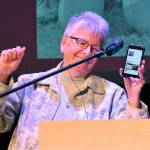 Trena Page, a teacher and coach from 1974 to 1993, accepts her award at the induction ceremony. Photo by Kevin Hanson