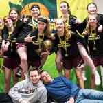 The White River Sting team. Back row, from left: Madelyn Jameyson, Kalese Turgeon, Charley Cochran, Addy Walthers, Maggee Schmitz, Malia Froemke, Macie Doyle, Myia Olson, and Kaidyn Johnson. Bottom: Coaches Brandon Scarpaci and Cory Anderson. Photo by Keelyn Turgeon / www.bluestellar.com