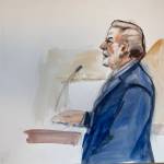 Attorney John Henry Browne represents Allan Thomas in the drainage district trial. Sketch by Seattle-based artist Lois Silver.