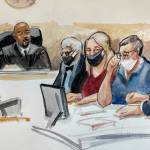 Joann and Allan Thomas are flanked in court by their attorneys Terrence Kellogg (fourth from the right) and John Henry Browne (far right) on May 10, 2022. Judge Richard Jones is presiding over the case. Sketch by Seattle-based artist Lois Silver