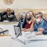 Joann and Allan Thomas are flanked in court by their attorneys Terrence Kellogg (fourth from the right) and John Henry Browne (far right) on May 10, 2022. Judge Richard Jones is presiding over the case. Sketch by Seattle-based artist Lois Silver