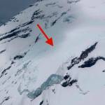 The red arrow indicates the approximate location where a Mount Rainier climber fell into an 80-foot crevasse, requiring a helicopter rescue. Photo courtesy National Park Service