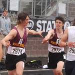 White River runners make the first handoff in the 4x100 relay at the state Class 2A track and field championships. Photo by Michael Dashiell, Sequim Gazette.