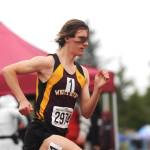 Cole Riley runs into 7th place at the 400 meter dash at the state Class 2A track and field championships. Photo by Michael Dashiell, Sequim Gazette.