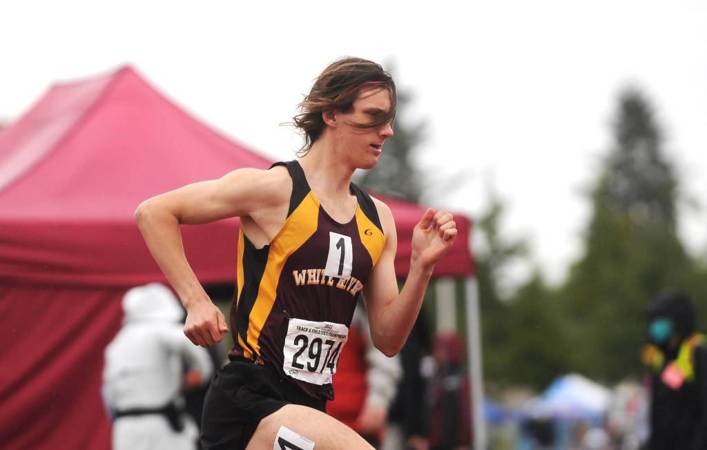 Cole Riley runs into 7th place at the 400 meter dash at the state Class 2A track and field championships. Photo by Michael Dashiell, Sequim Gazette.