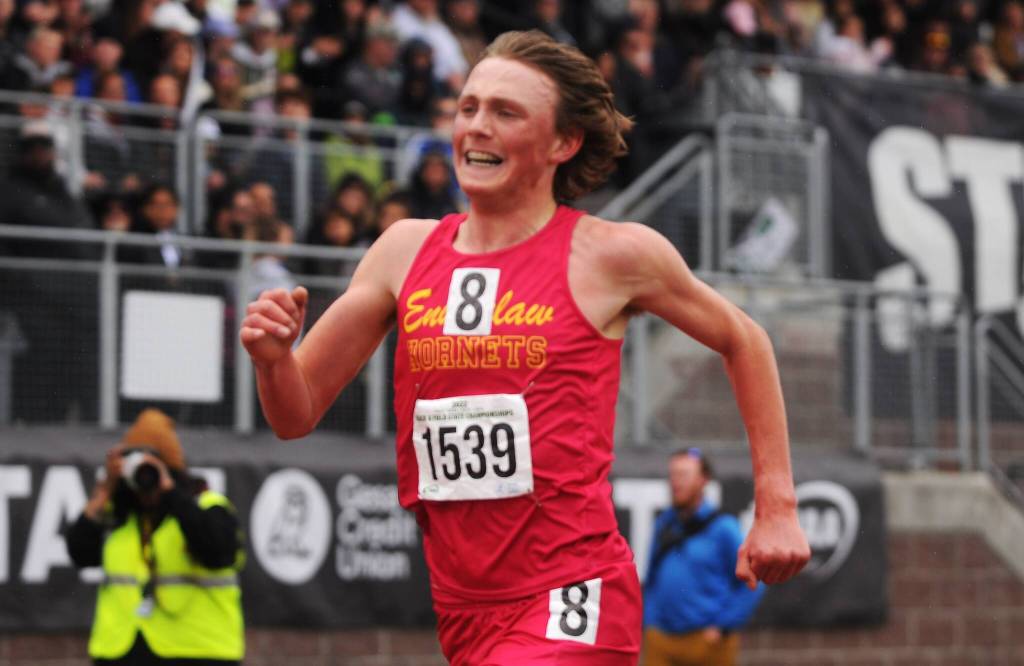 McCoy Brooks finished fourth in the 3200 meter run at the state Class 2A track and field championships. Photo by Michael Dashiell, Sequim Gazette.