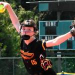 Enumclaw High junior Emilie Crimmins was named the league's Pitcher of the Year. In this photo, she delivers during the Class 2A state tournament. Photo by Kevin Hanson