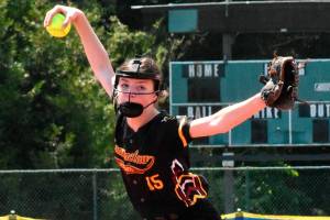 Enumclaw High junior Emilie Crimmins was named the league's Pitcher of the Year. In this photo, she delivers during the Class 2A state tournament. Photo by Kevin Hanson