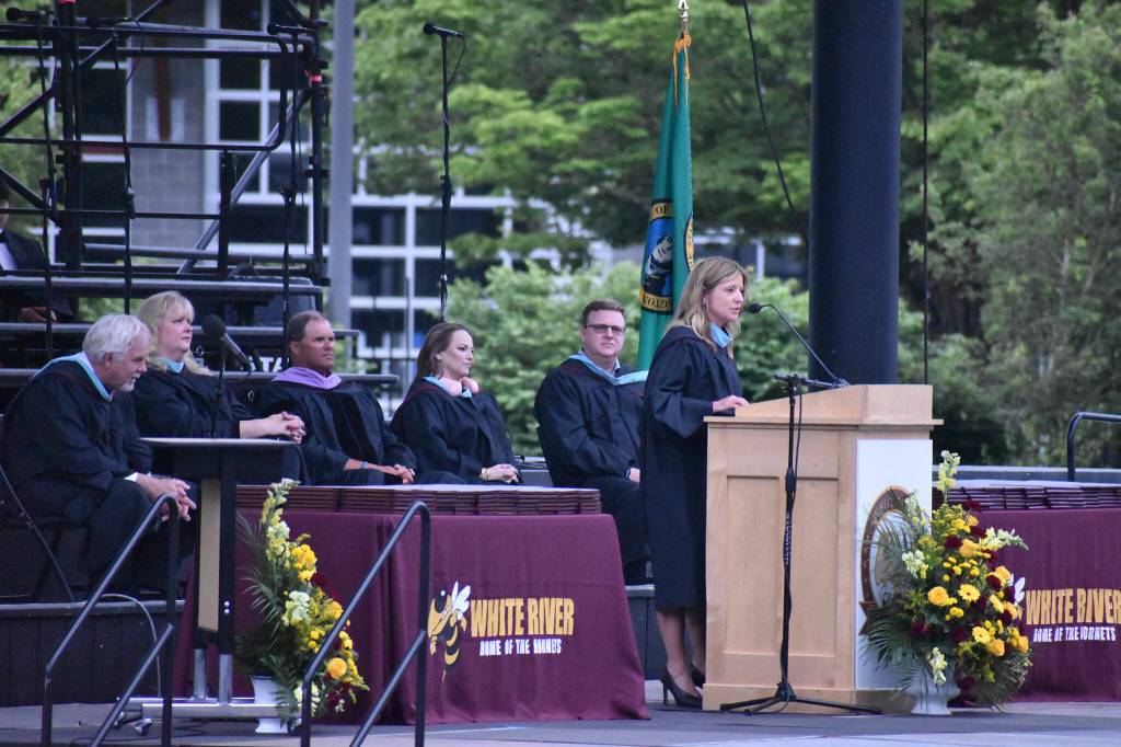 Retiring White River School District Superintendent Janel Keating Hambly addresses graduates and their loved ones.