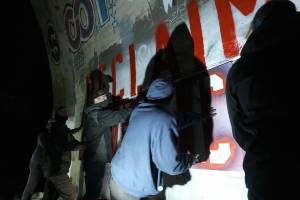 Michael Colton Brown and several other Patriot Front members allegedly came to the Enumclaw area to practice their stenciling under a bridge. Photo metadata from the event shows the bridge to be located in the Kanaskat area outside Black Diamond, but the Courier-Herald was unable to independently locate the bridge. Photo provided by Unicorn Riot
