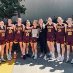 The White River varsity squad won five straight games in San Diego to take the tournament championship. Making up the squad were (from left) coach Chris Gibson, Dakota Sprouse, Josie Jacobs, Ava Bright, Lexie Banks, Morgan Greene, Mackenzie Hinson, Ella Klemkow, Vivian Kingston, Ally Green, Jadyn Olson, and assistant coach Rani Wiegand. Submitted photo