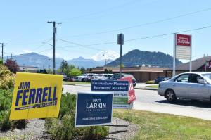 Political campaign signs, as well as a sign for the Enumclaw Plateau Farmer's Market, are posted along Highway 410 in Enumclaw on a hot July afternoon. Mount Rainier appears in the background. Photo by Alex Bruell.