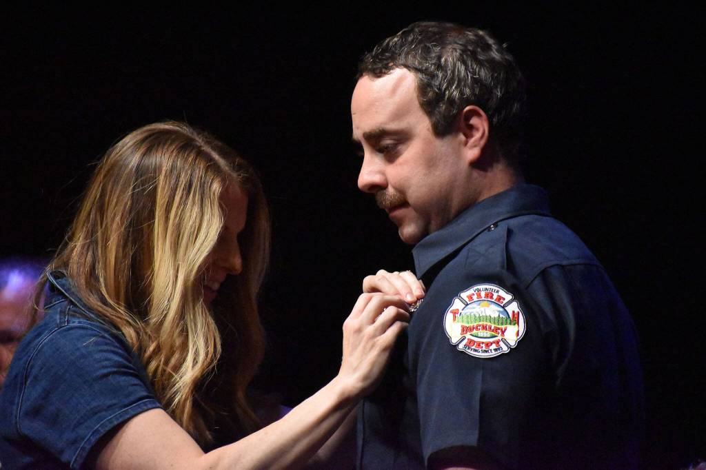 Aaron Montgomery is pinned during the ceremony.