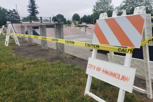 The Enumclaw skate park is closed, and caution tape will soon be replaced with fencing to keep people out until ramps are removed. Photo by Ray Miller-Still