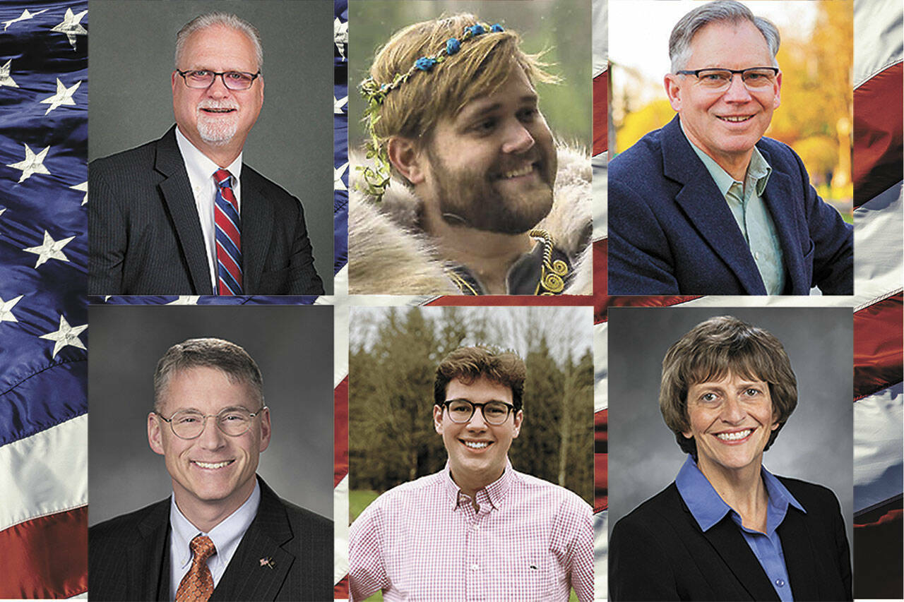 Legislative District 5 candidates on the ballot in the 2022 primaries. From upper left: Ken Moninski, Austin Bryant, incumbent Rep. Bill Ramos, Chad Magendanz, Landon Halverson, and incumbent Rep. Lisa Callan.