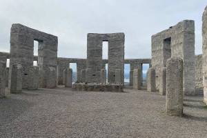 The state-run Maryhill Campground sits on a broad expanse of land with the Columbia River on one side and Oregon in the distance. Also shown here is the full-size Stonehenge replica, just a short uphill drive from the campground. Photo by Kevin Hanson