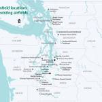 This map, shared by the Washington State Department of Transportation, shows the locations of ten greenfields and several existing airports in the running as legislators, locals and the FAA mull the location of Washingtons next major airport.