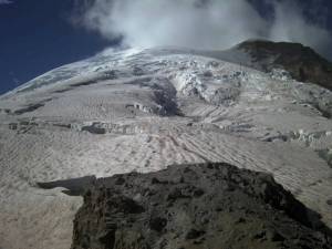 A webcamera on Mt. Rainier from Camp Shurman captured an image of a cloud passing the east side of the volcanos summit, which to some looked like Mt. Rainier was venting. Photo courtesy National Park Service
