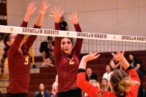 The Enumclaw High volleyball team opened the season September 6 with a hard-fought, home-court victory over the Orting Cardinals. Above, Sam Darby and Ailianna Quaempt are looking for a block; below, winding up for a serve is Lexie DeGroot. Photos by Kevin Hanson